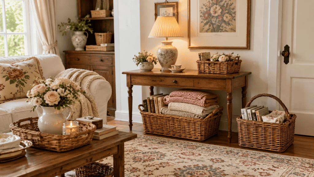 room with woven bins used for blankets, books, linens, and pretty storage