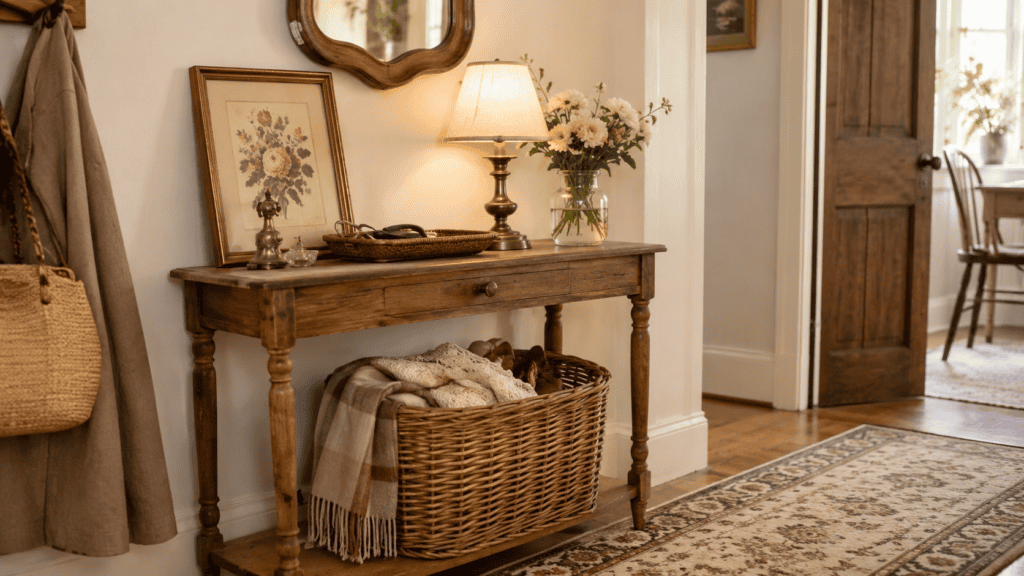 Woven basket tucked under a vintage console table in a cozy cottage entryway