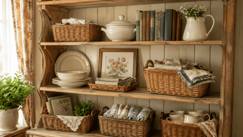 Cozy cottage open shelves with small woven baskets, cream dishes, books, and folded linens