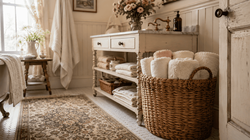 Cozy cottage bathroom with a woven basket filled with rolled towels beside a vintage vanity