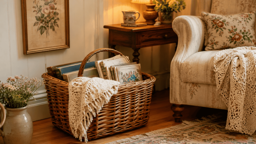 Woven basket holding vintage books, magazines, and a soft throw in a cozy cottage reading corner