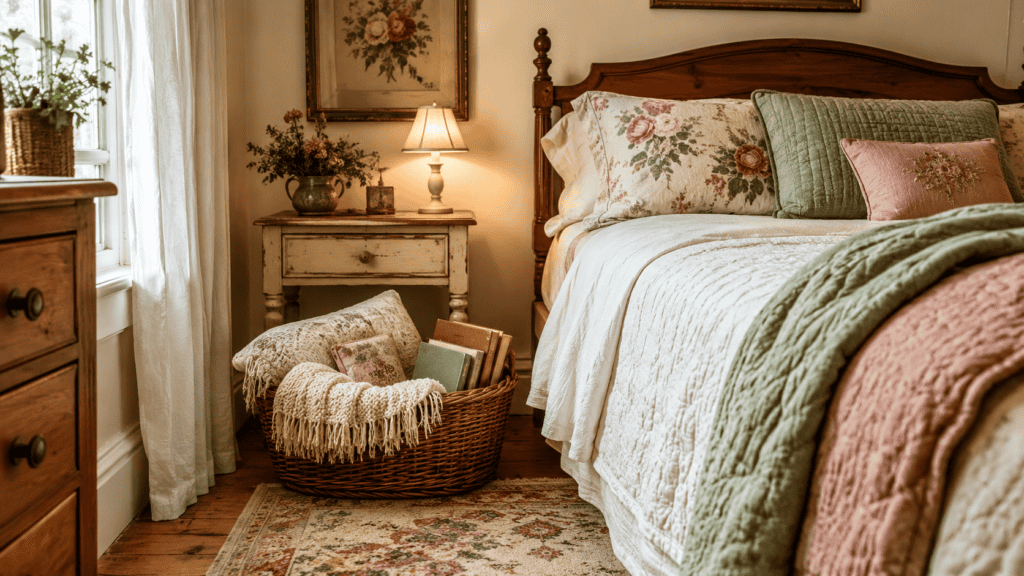 Cozy cottage bedroom with a woven basket beside the bed holding a blanket, pillow, and books