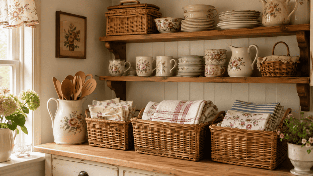 Cozy cottage kitchen shelves with woven baskets holding dish towels and linens