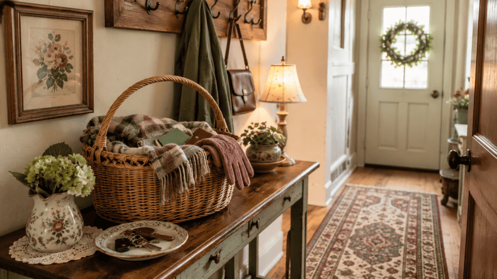 Cozy cottage entryway with a woven basket used as a drop zone for scarves, gloves, and everyday items
