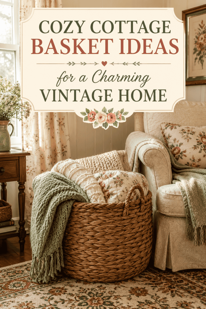 pin with a woven bin full of blankets in a warm vintage cottage living room