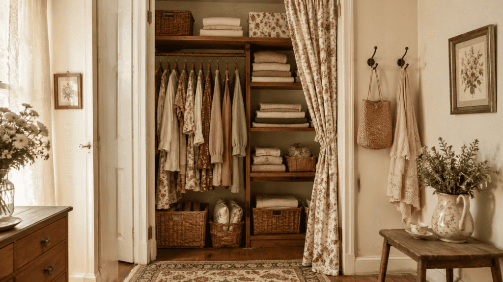 Cozy cottage closet ideas with warm wood shelves, folded linens, woven baskets, floral fabric, hooks, and vintage-inspired storage