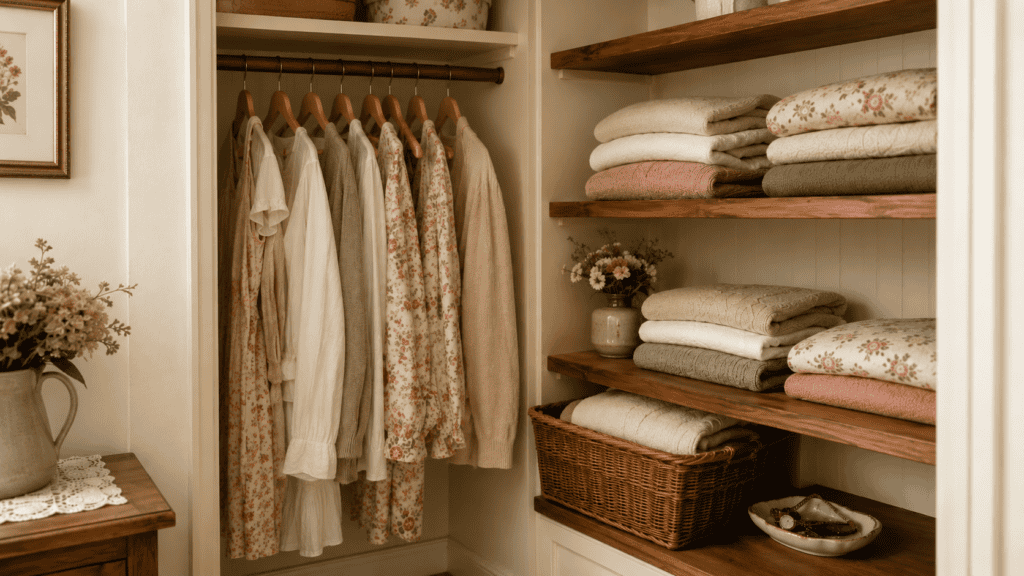 folded sweaters, floral clothing, woven basket, warm wood shelves, and an accessory dish