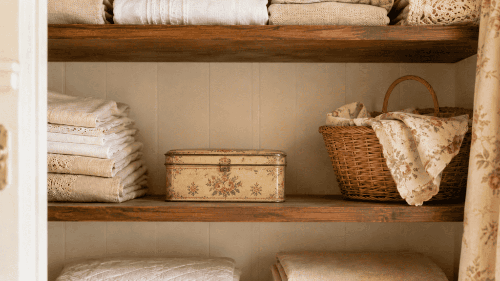 shelf with folded cream linens, a floral storage tin, woven basket, and soft floral fabric