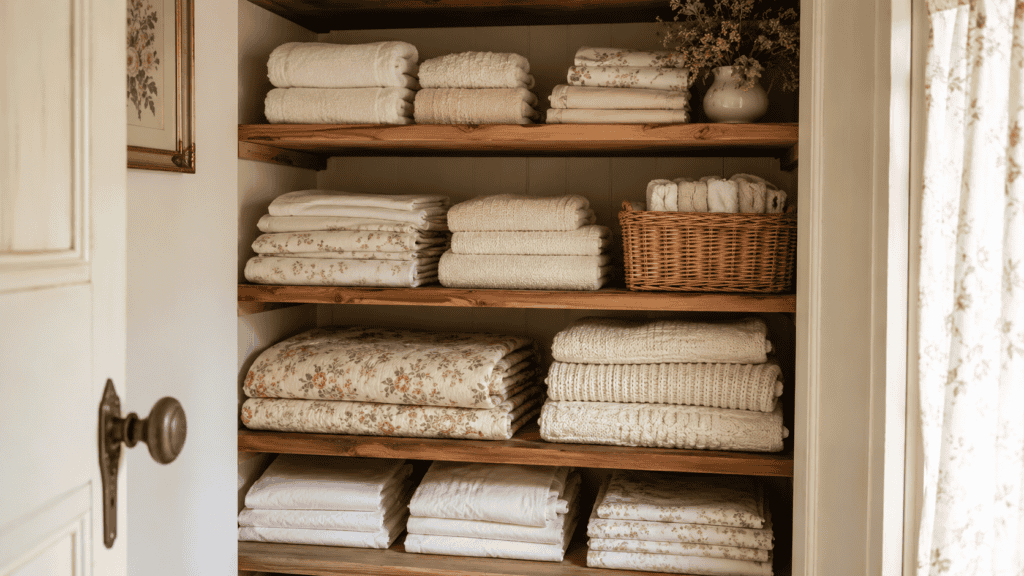 grouped towels, folded sheets, floral quilt, woven basket, and warm wood shelves