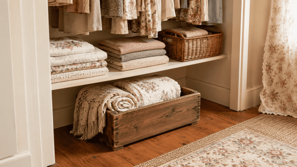floor storage with wooden crate, folded blankets, hanging garments, and warm wood flooring