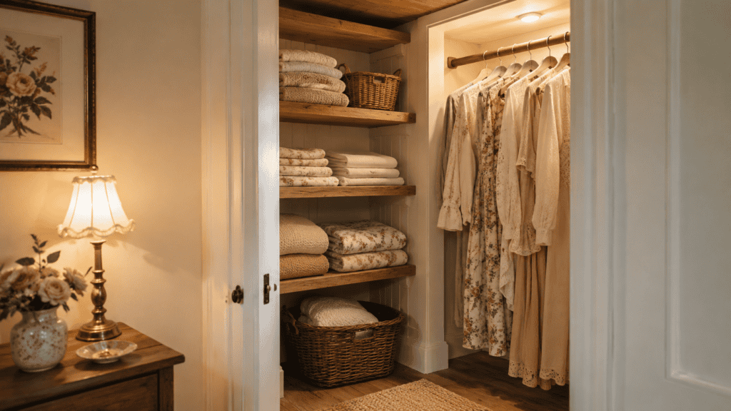 Closed Storage Ideas with ideas with warm lighting, folded linens, woven baskets, floral clothing, and a small glowing lamp