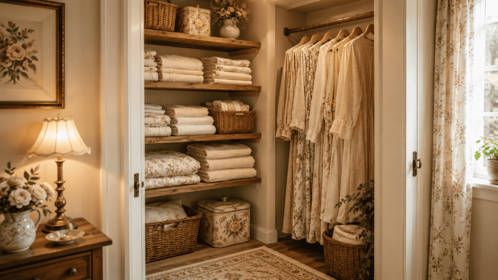 folded linens, floral clothing, woven baskets, warm wood shelves, and a patterned rug