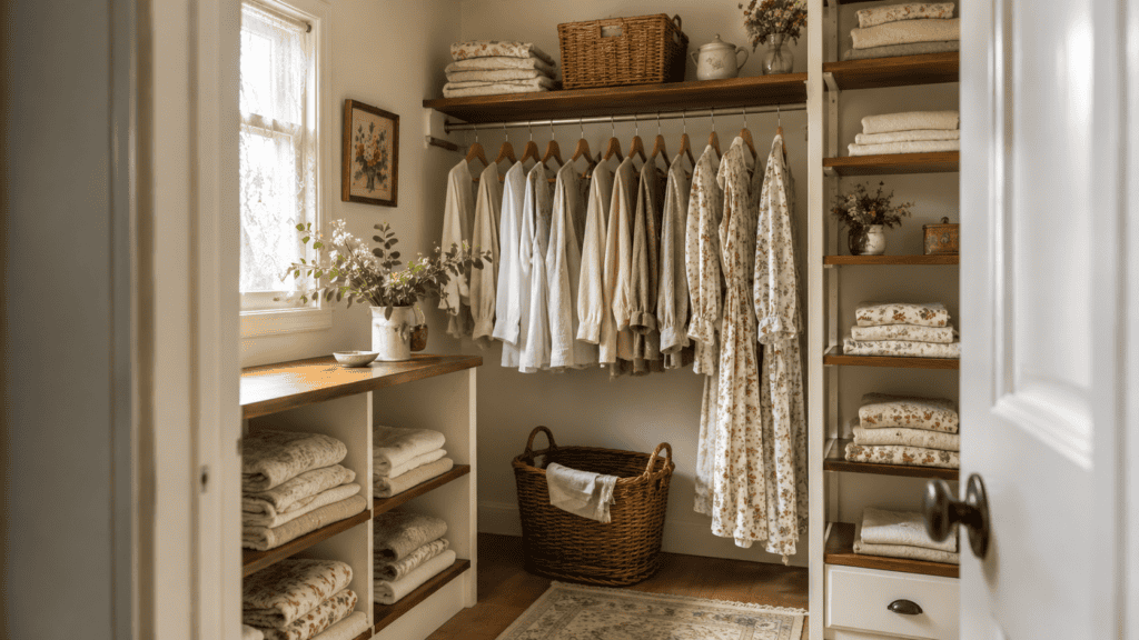 Cozy cottage closet ideas with cream walls, warm wood shelves, folded linens, floral clothing, and a woven basket