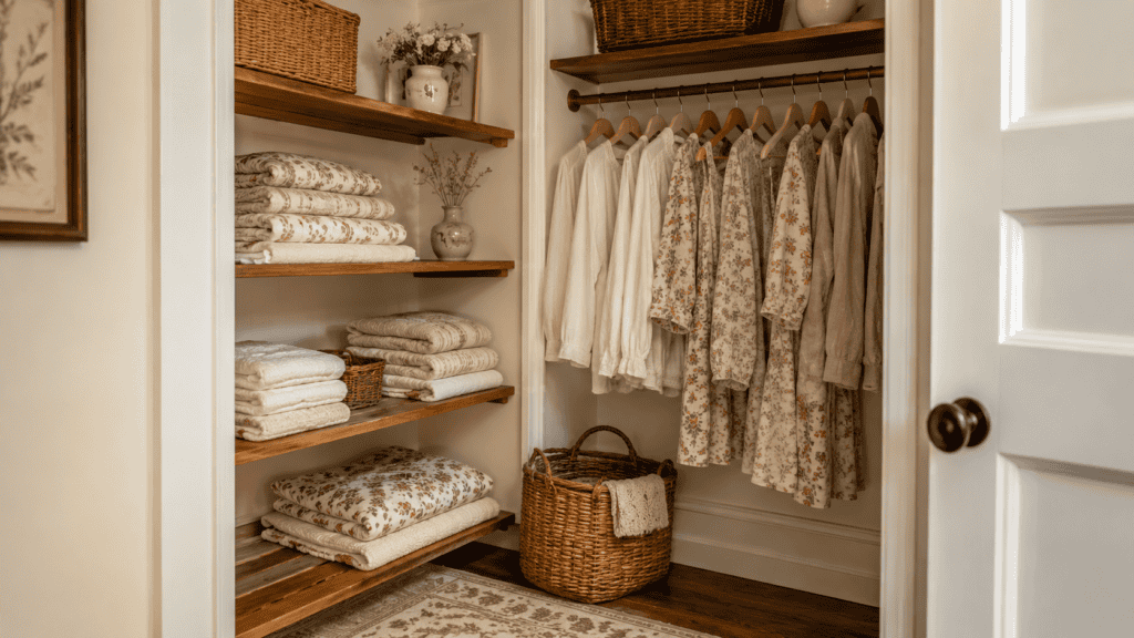 Cozy cottage closet ideas using woven baskets, folded blankets, warm wood shelves, and soft floral fabric