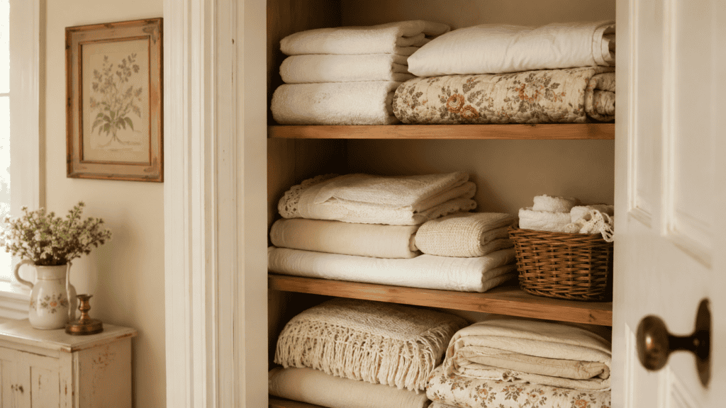 Cozy cottage linen closet with folded towels, sheets, soft throws, floral fabric, and a woven basket