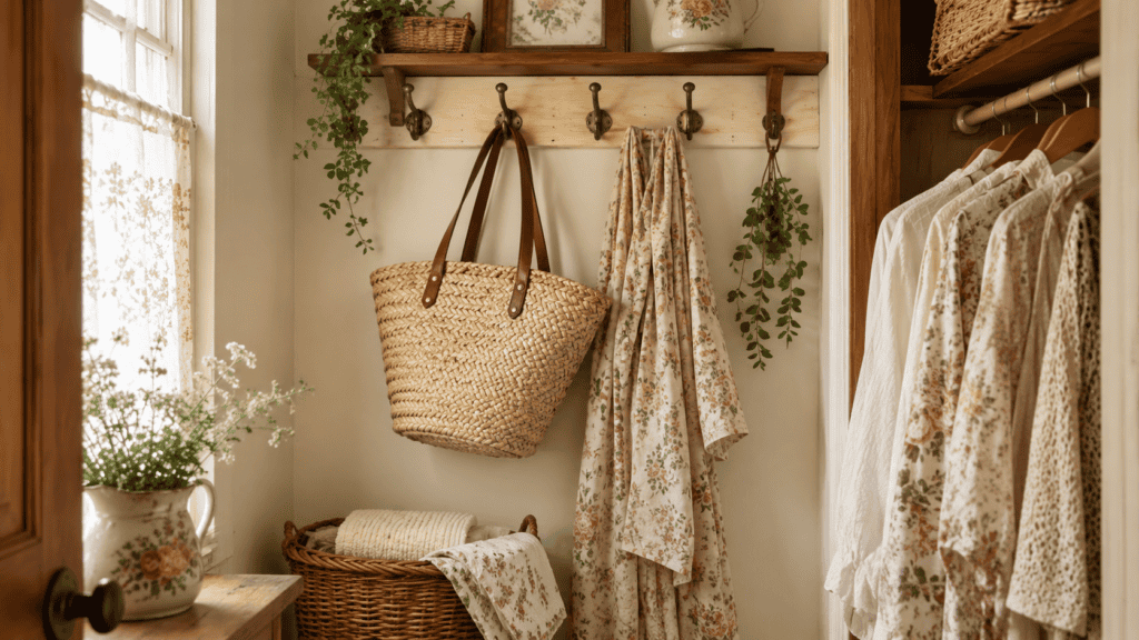 Cozy cottage closet nook with vintage hooks, straw tote bag, floral robe, woven basket, and warm wood trim
