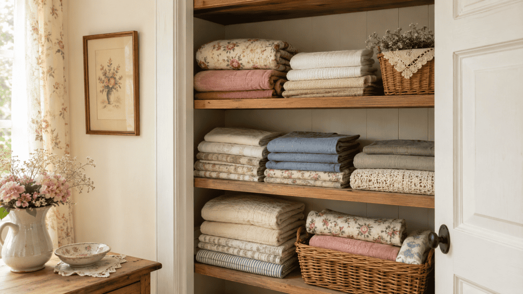Cozy cottage closet ideas with folded linens in soft white, beige, dusty rose, faded blue, and sage green