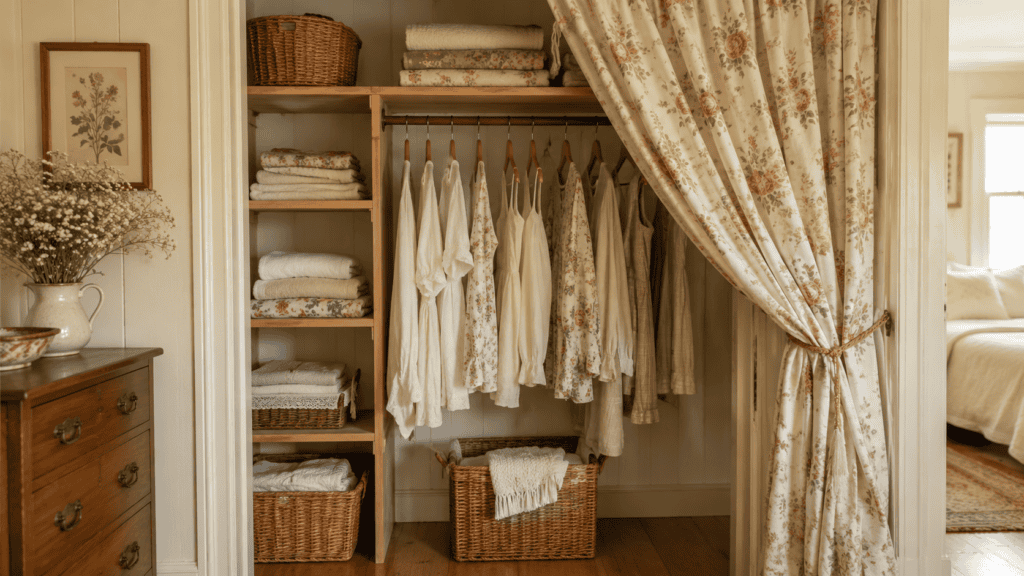 Cozy cottage open closet nook with floral curtain, folded linens, woven baskets, and neutral hanging clothes