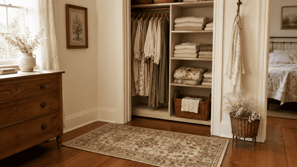 Cozy cottage closet with a small patterned rug, folded linens, hanging clothes, woven basket, and warm wood floors