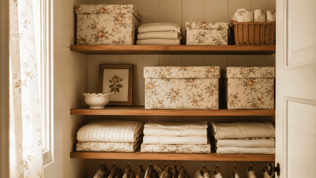 Cozy cottage closet shelf with floral storage boxes, folded linens, woven basket, and warm wood shelves