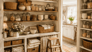 Cozy cottage pantry ideas with open wooden shelves, glass jars, woven baskets, folded linens, and cream ceramic pieces in a warm vintage kitchen