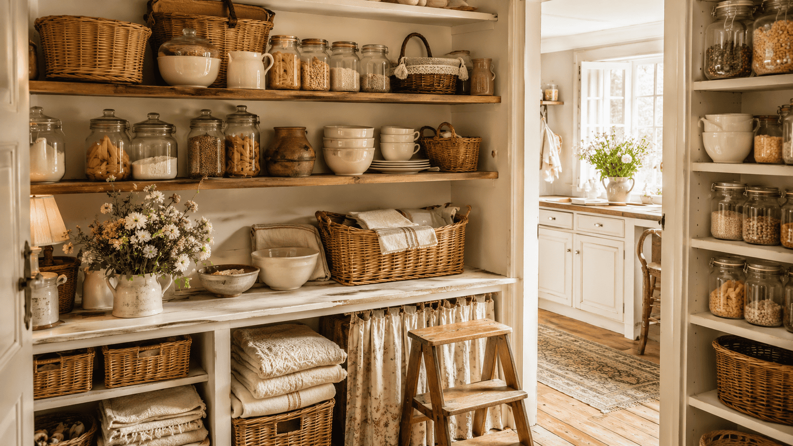 Cozy cottage pantry ideas with open wooden shelves, glass jars, woven baskets, folded linens, and cream ceramic pieces in a warm vintage kitchen