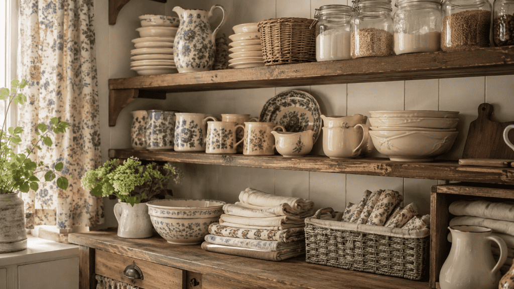 extra mugs, cream bowls, blue and white dishes, glass jars, folded linens, and a muted green basket