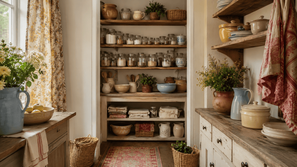 cream walls, wooden shelves, glass jars, muted blue pottery, butter yellow accents, and folded linens