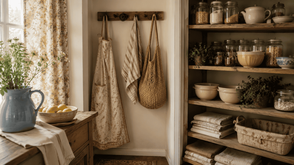 wooden hooks, a soft apron, dish towel, market bag, glass jars, and warm wooden shelves