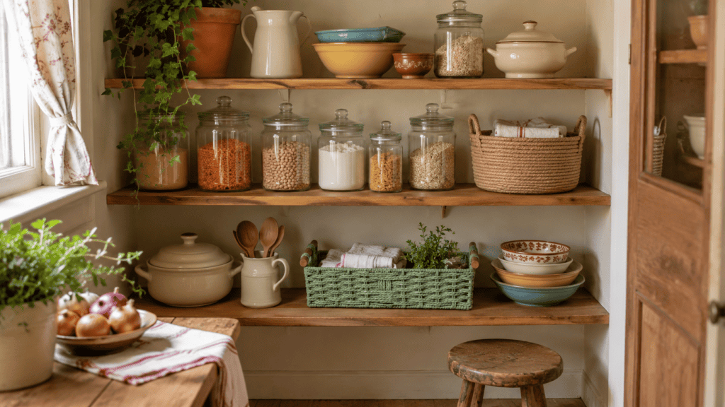 wooden shelves, glass jars, cream ceramics, folded linens, a muted sage basket, and a wooden stool