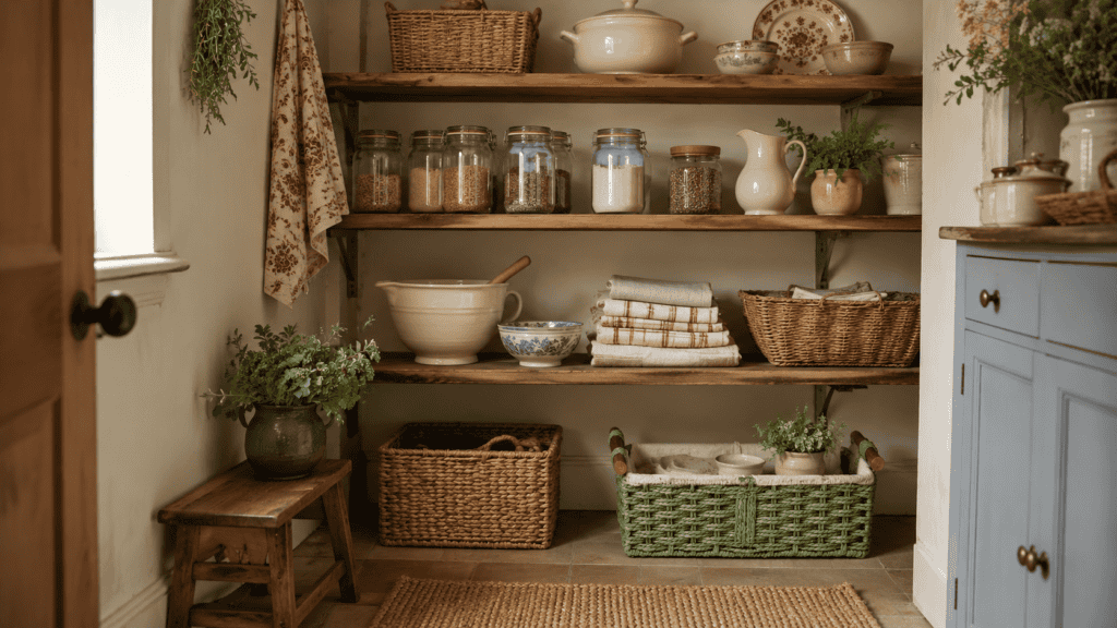 nook with a small wooden stool, wooden shelves, glass jars, folded linens, cream ceramics, and soft baskets