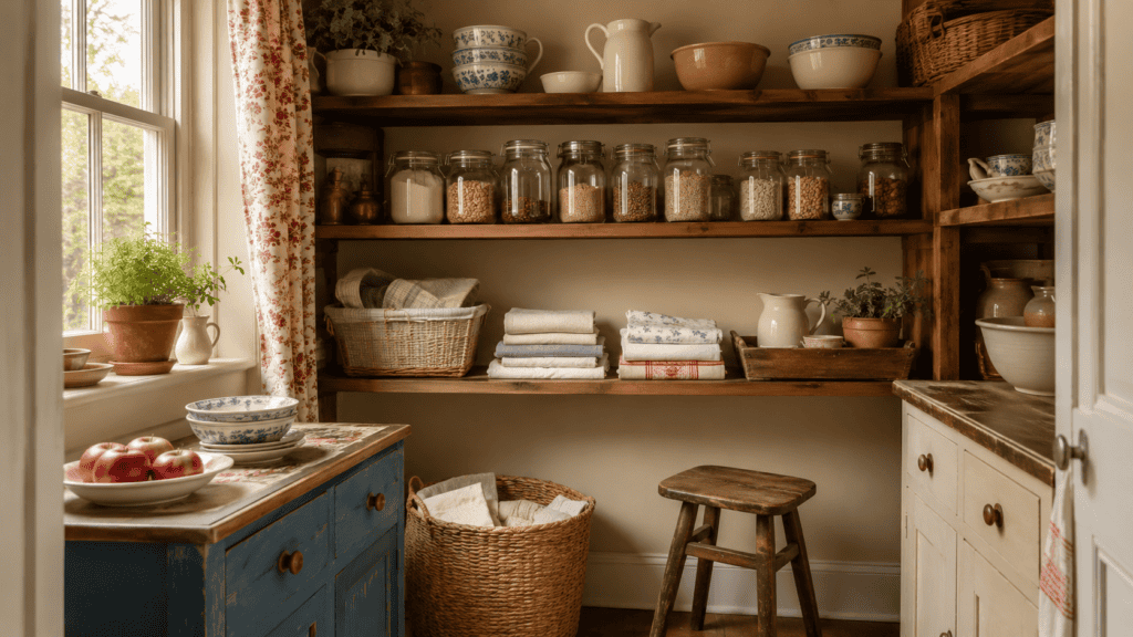wooden shelves, glass jars, folded linens, cream dishes, wooden stool, and soft vintage color accents