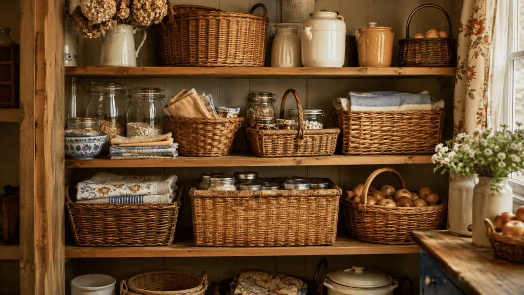 Cozy cottage pantry ideas with woven baskets, folded linens, glass jars, and cream ceramic pieces on warm wooden shelves