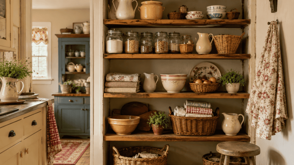 Vintage cottage pantry nook with warm wooden shelves, glass jars, cream pitchers, folded linens, and woven baskets