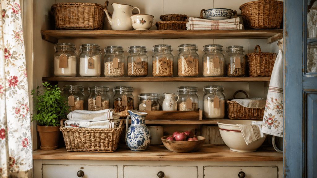 Cottage pantry shelves with glass jars, small blank tags, folded linens, baskets, and cream ceramic dishes