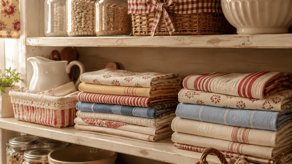 Cozy cottage pantry shelf with folded vintage linens, red striped towels, muted blue cloths, glass jars, and cream ceramics