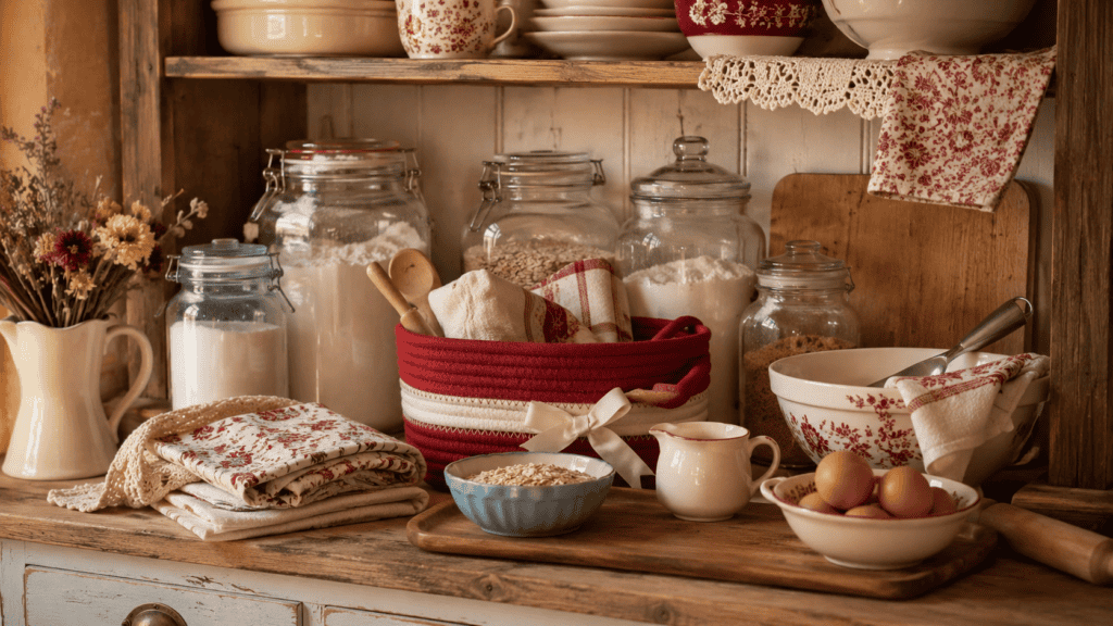 Cottage pantry baking zone with glass jars of flour and oats, cream mixing bowls, folded linens, and a wooden tray