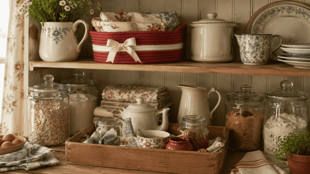 Cozy cottage pantry shelf with a wooden tray, glass jars, tea items, folded linens, cream ceramics, and soft woven baskets