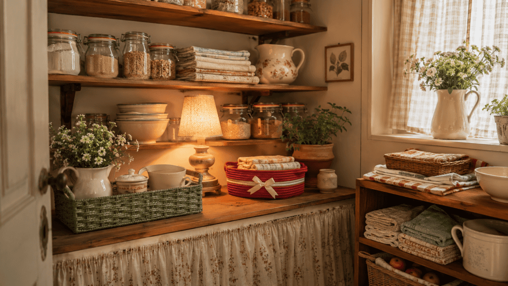 Cozy cottage pantry nook with warm lamp light, wooden shelves, glass jars, folded linens, and soft woven baskets