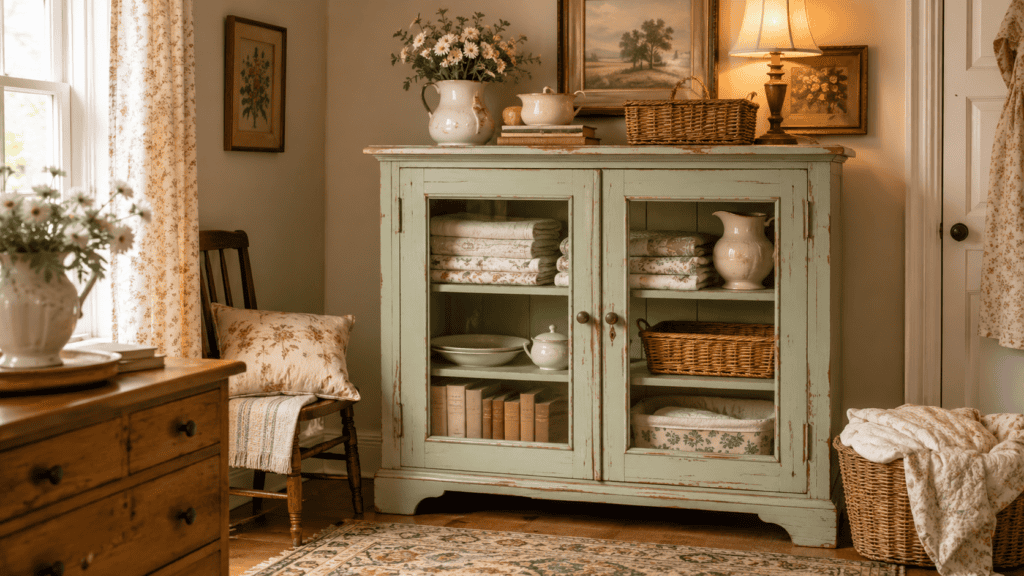 Cozy cottage room with a soft sage vintage cabinet styled with folded linens, cream ceramics, books, baskets, floral art, and warm lamplight