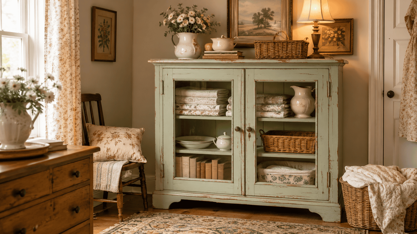 Cozy cottage room with a soft sage vintage cabinet styled with folded linens, cream ceramics, books, baskets, floral art, and warm lamplight