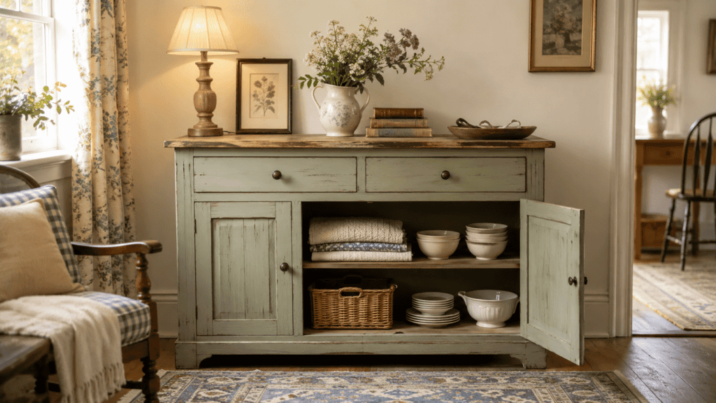 Cupboard top styled with a glowing lamp, framed floral print, ceramic vase of flowers, old books, tray, folded linens, and dishes