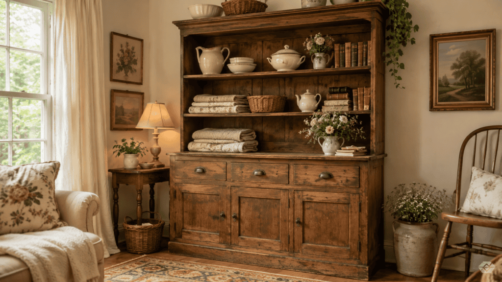 warm wood vintage hutch styled with cream ceramics, folded linens, old books, baskets, flowers, artwork, and soft natural light