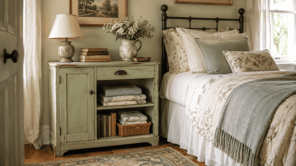 bedroom corner with a muted sage vintage night stand, folded blankets, books, basket, lamp, floral bedding, soft curtains, and warm wood floors
