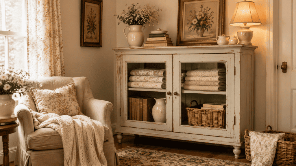 Cozy cottage living room corner with a warm cream vintage cabinet styled with folded linens, books, pottery, baskets, floral art, and soft lamplight