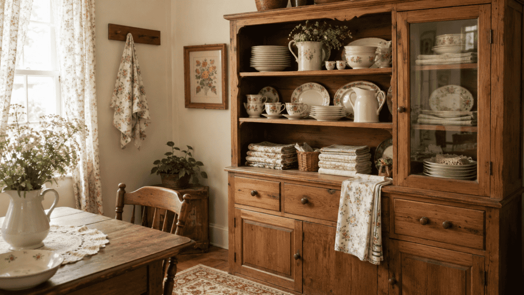 Cozy cottage kitchen nook with a warm wood hutch styled with cream plates, floral teacups, folded linens, a small basket, and soft natural light