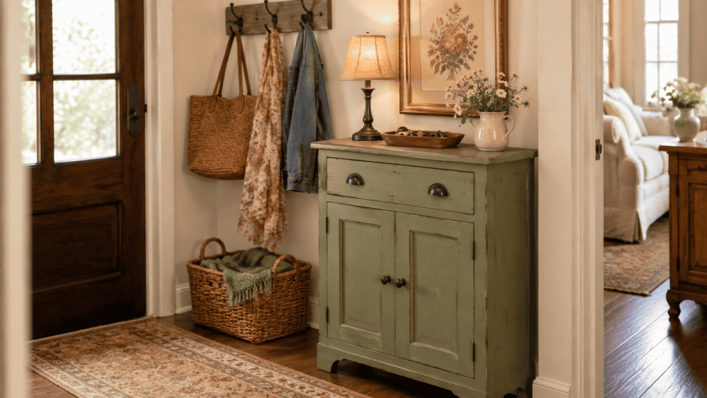 Small cozy cottage entryway with a muted sage vintage cabinet, key tray, lamp, floral print, hooks, basket, and patterned runner rug