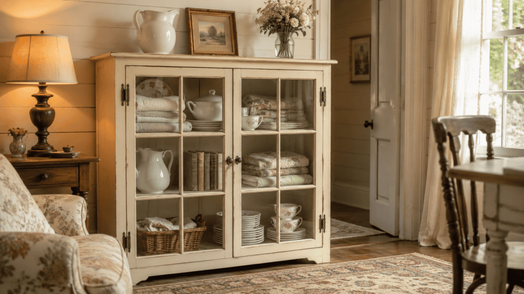 Cozy cottage room with a warm cream glass-front cabinet filled with folded linens, cream dishes, floral plates, books, and a small basket
