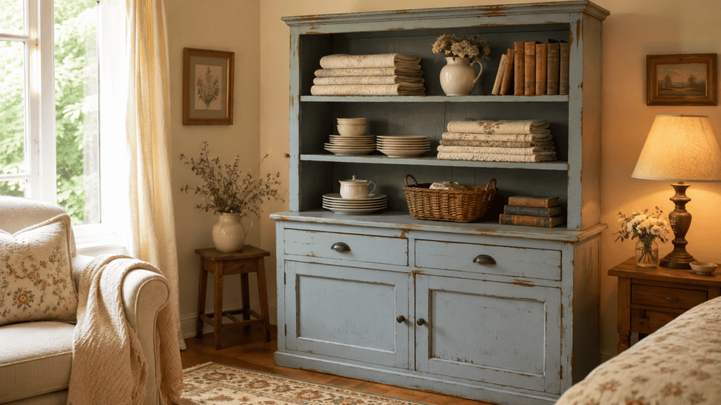 Cozy cottage room with a softly painted dusty blue vintage cabinet styled with folded linens, cream dishes, old books, a basket, and warm lamplight