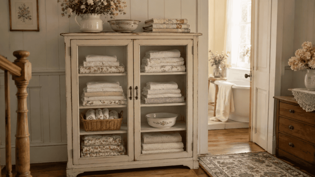 glass doors filled with neatly folded towels, sheets, floral linens, a small basket, ceramic bowl, and soft natural light